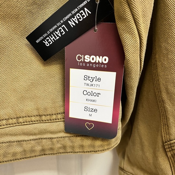 Ci Sono Kaki Denim Jacket With Vegan Leather Collar NWT Size Medium - Picture 3 of 4